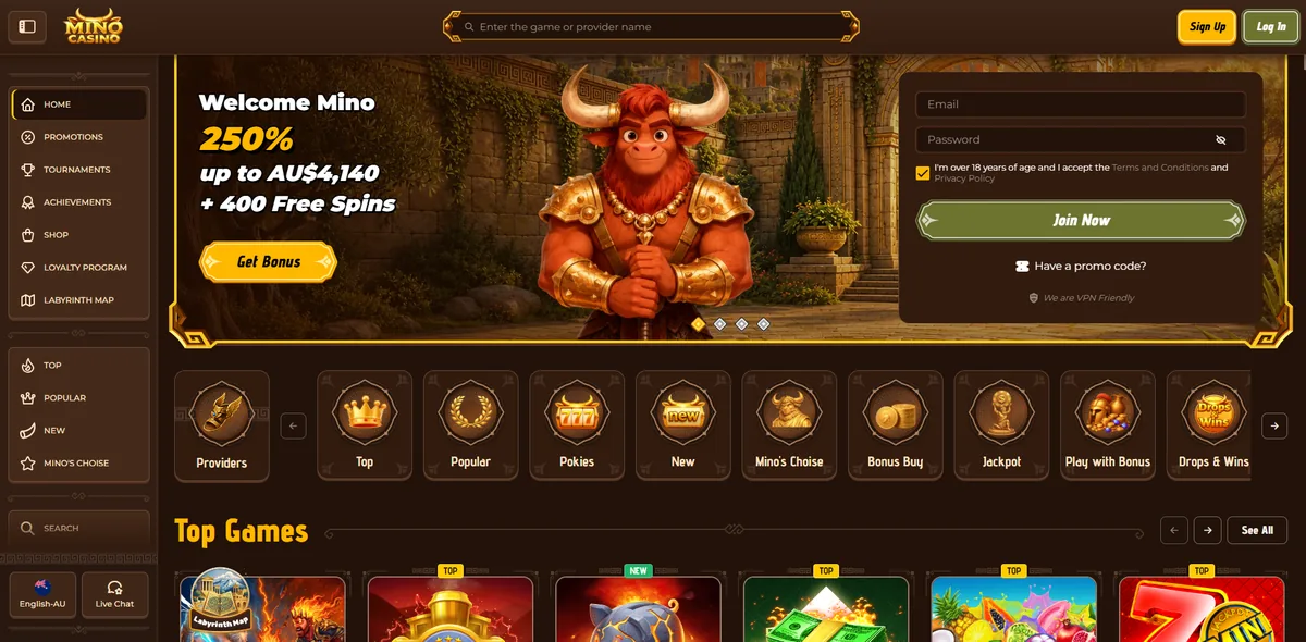 Mino Casino Australian homepage showing the 250% up to AU$4,140 + 400 free spins welcome bonus