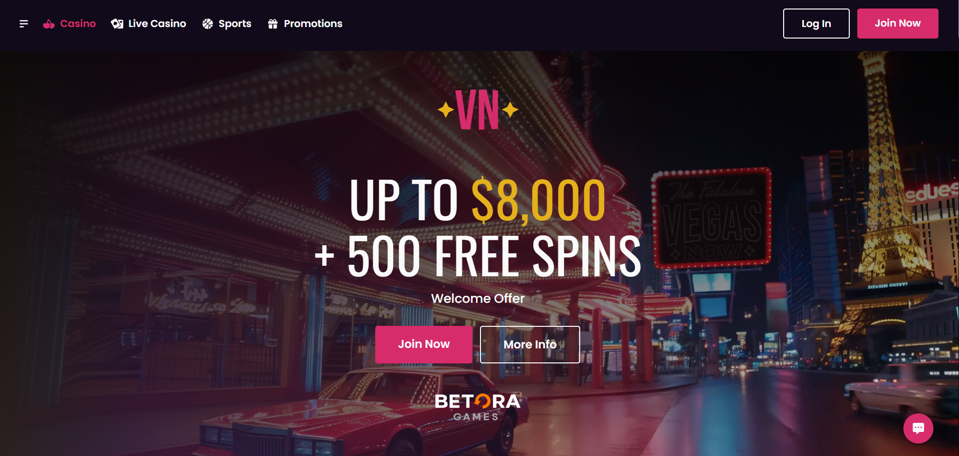 VegasNow Australian homepage showing the up to AU$8,000 + 500 free spins welcome bonus